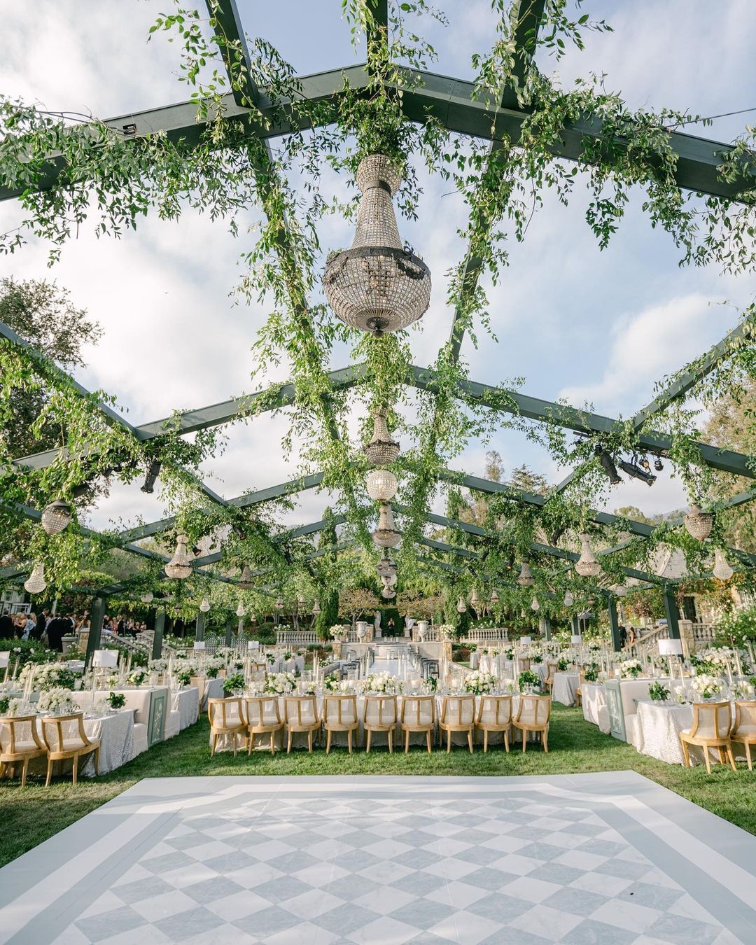 An outdoor wedding seating area