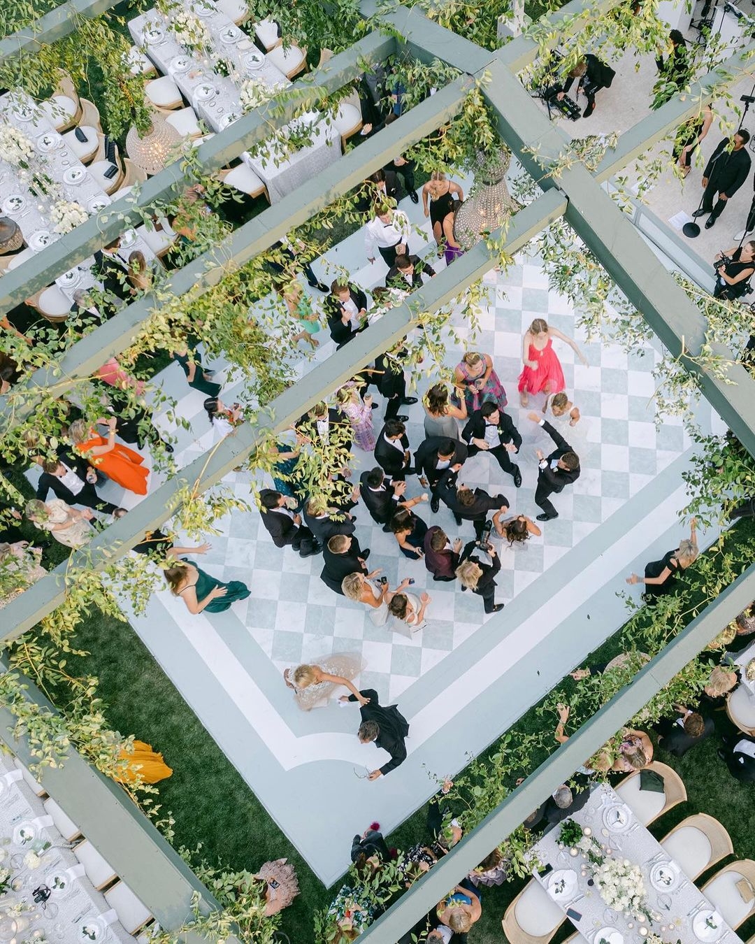 An aerial shot of a wedding dance party