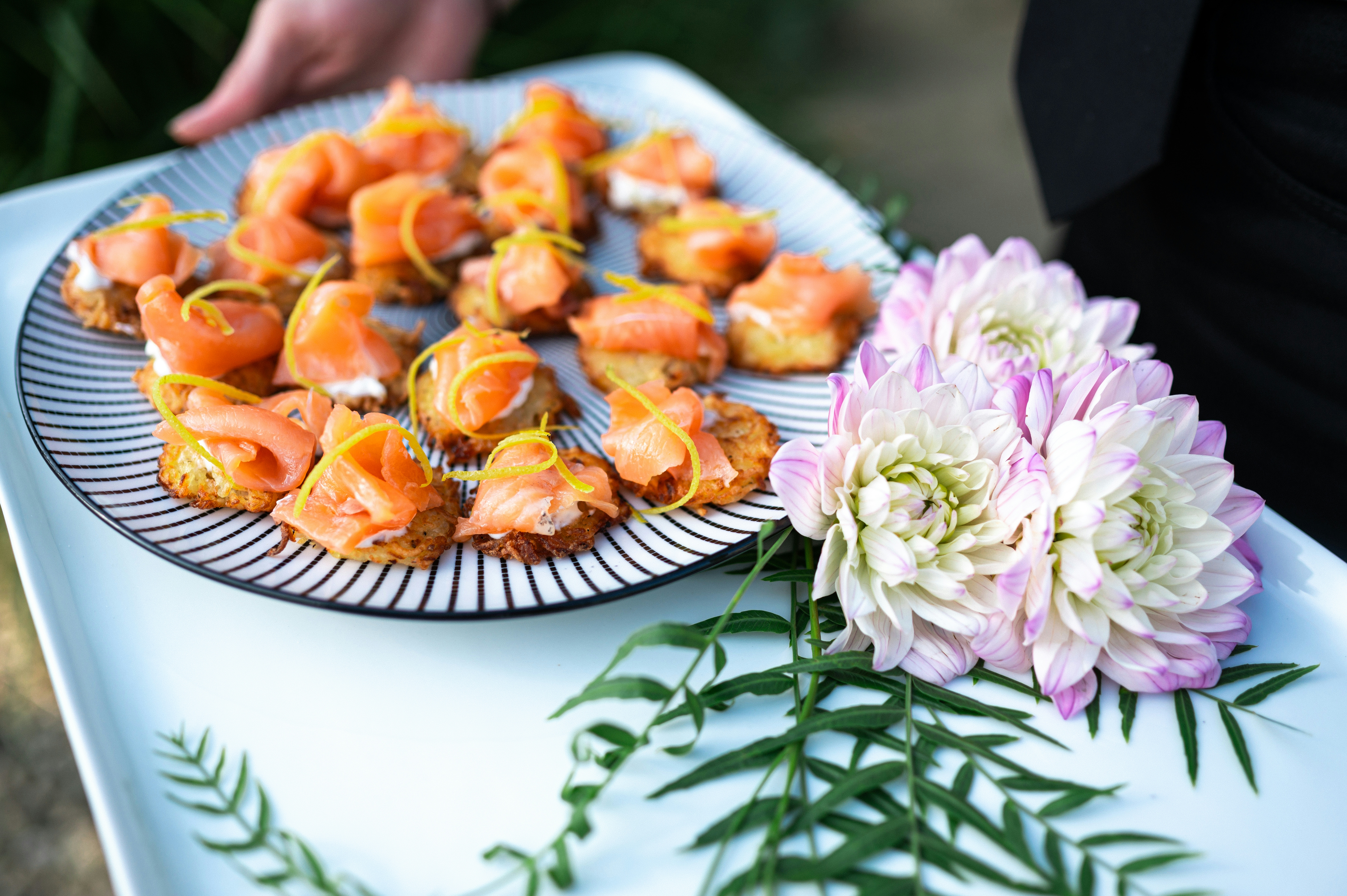 A plate of smoked salmon slices