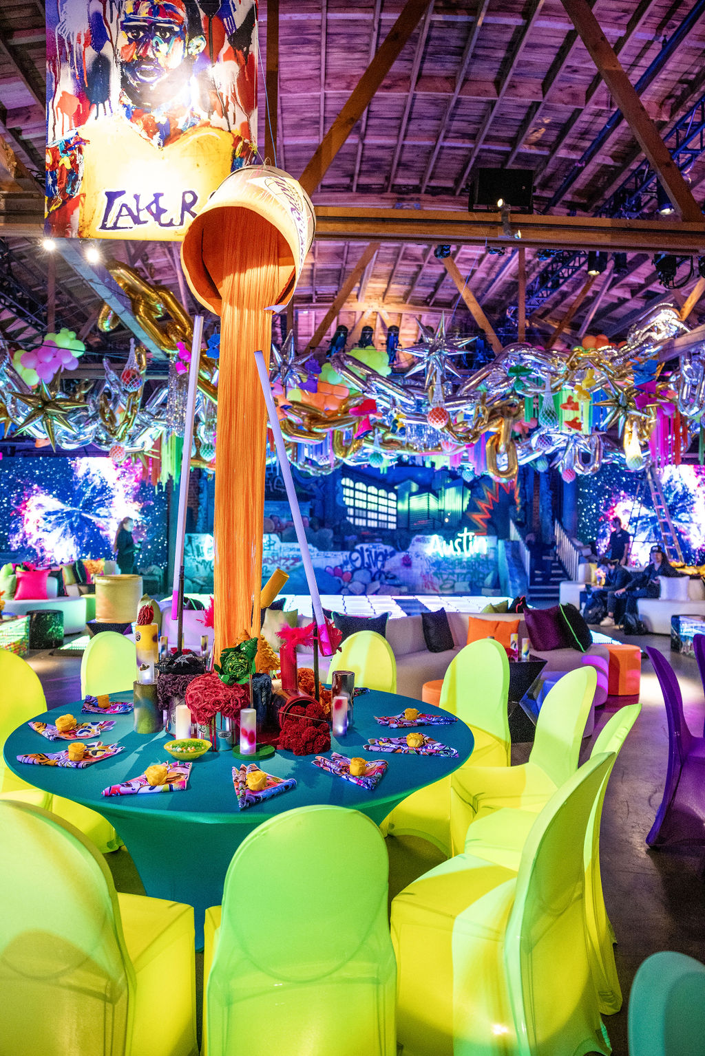 A Los Angeles Lakers themed indoor party setup